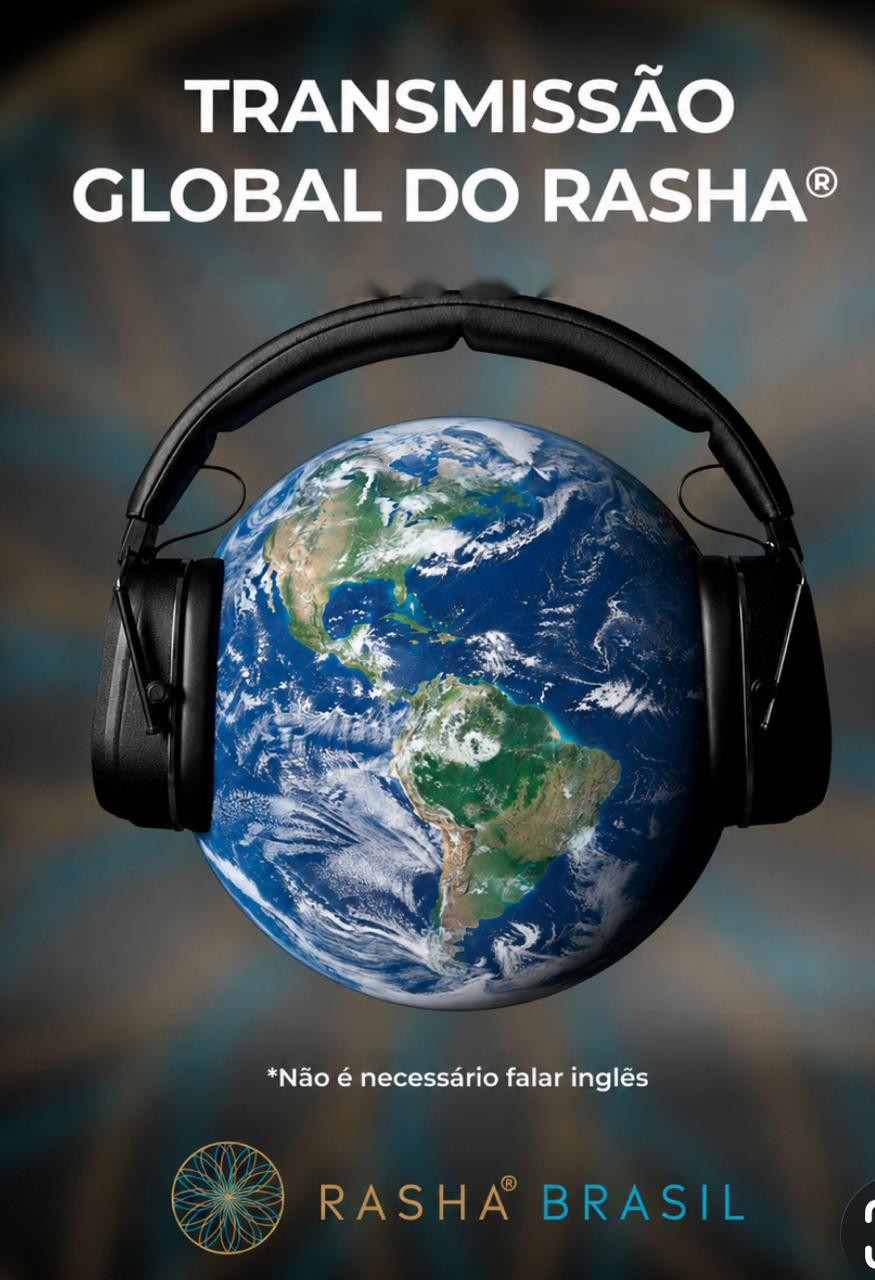 Transmissão Global do RASHA® — planeta Terra com fones de ouvido e identidade RASHA Brasil